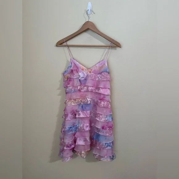 knee length dresses for ladies Loveshackfancy Imata Silk Mini Dress in Rainbow Clouds  Cattivo